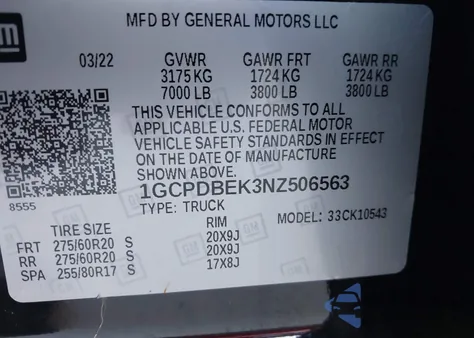 2022 Chevrolet Silverado 1500 4Wd Short Bed Custom z USA, uszkodzony, nr VIN 1GCPDBEK3NZ506563